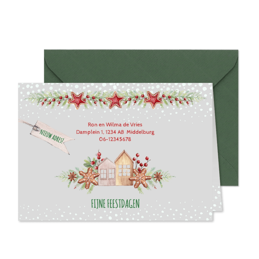 Kerst-verhuiskaart huisjes met kerstkoekjes - Kaartimpressie