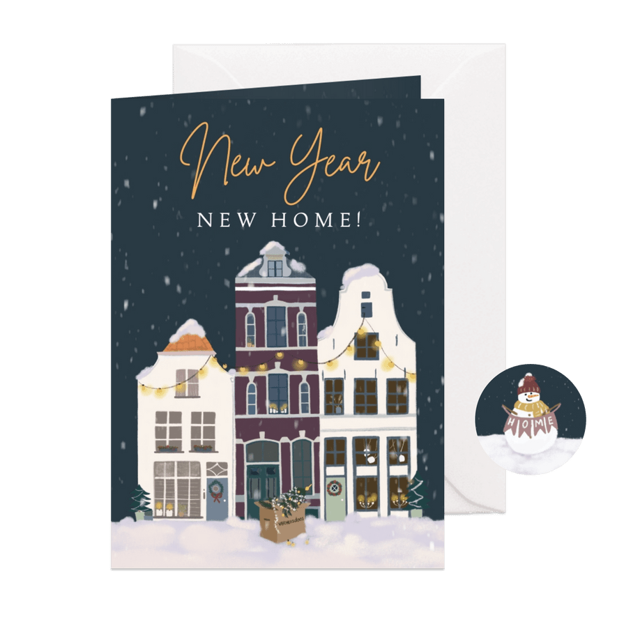 Kerst verhuiskaart huizen in kerstsfeer - Kaartimpressie