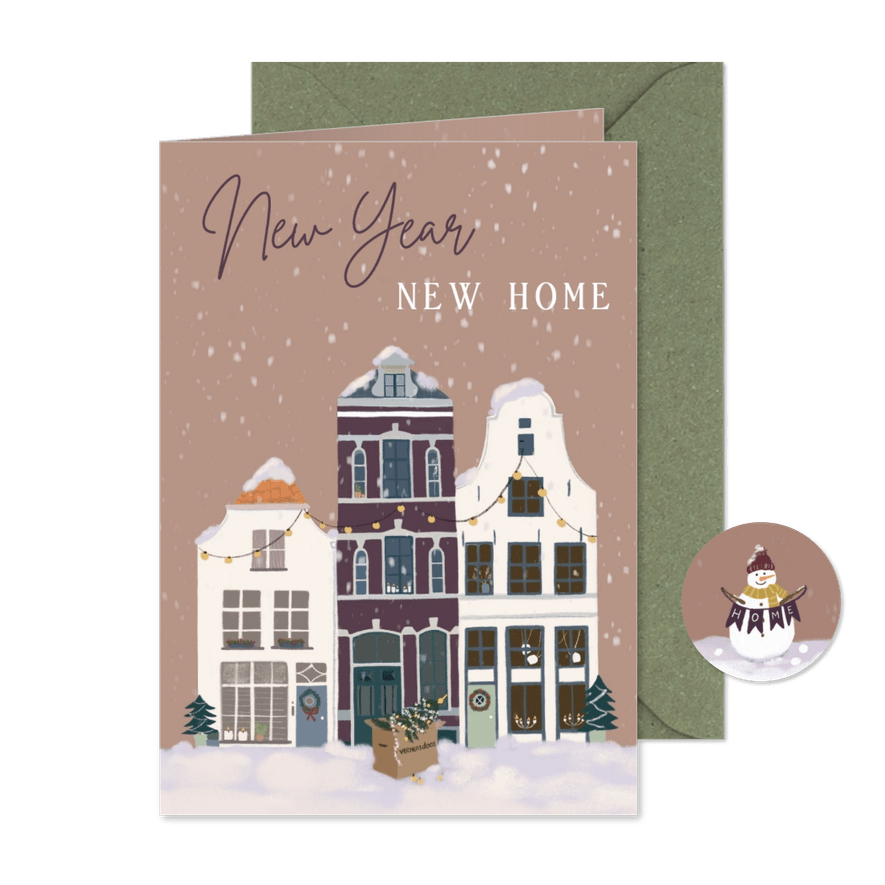 Kerst verhuiskaart huizen in sneeuw - Kaartimpressie