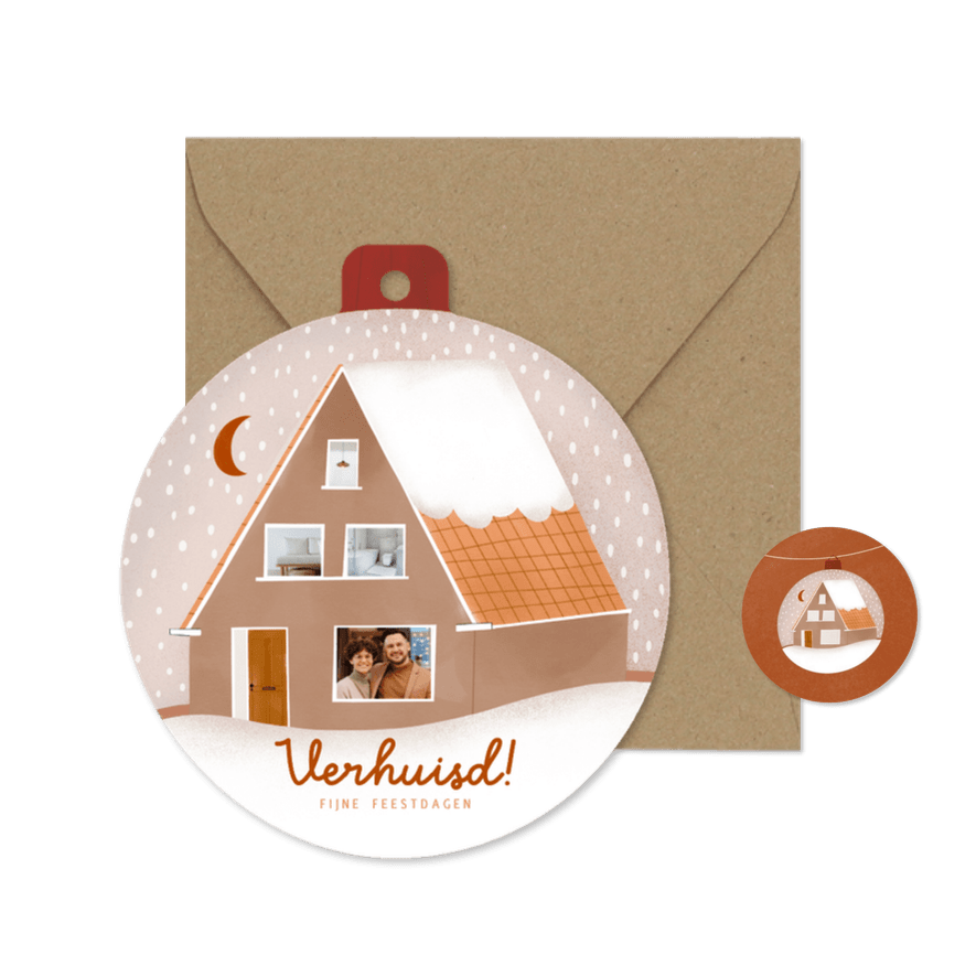 Kerst verhuiskaart kerstbal vorm roest maan - Kaartimpressie