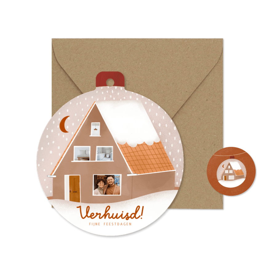 Kerst verhuiskaart kerstbal vorm roest maan - Kaartimpressie