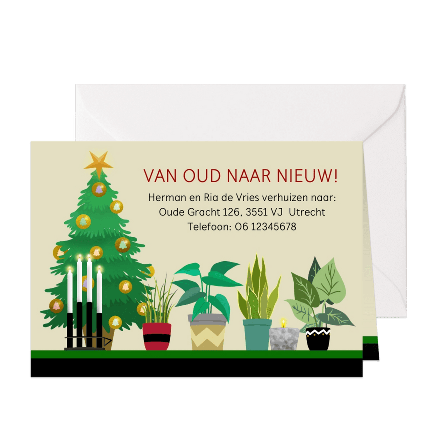 Kerst-verhuiskaart kerstboom kaarsen planten - Kaartimpressie