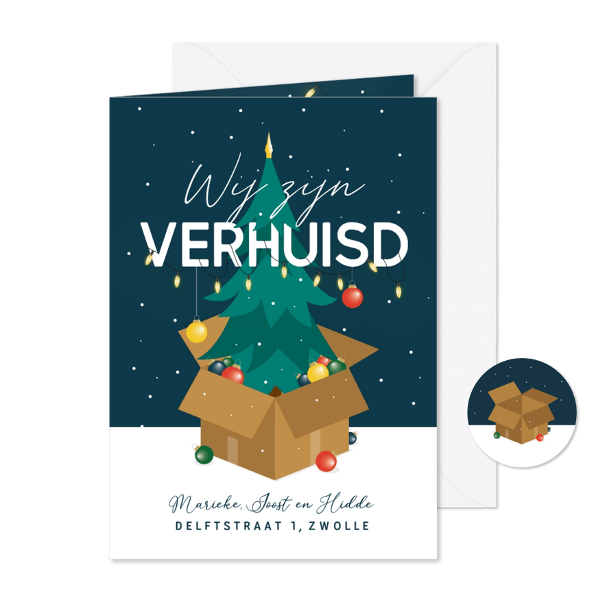 Kerst verhuiskaart kerstboom kerstballen winter sneeuw - Kaartimpressie