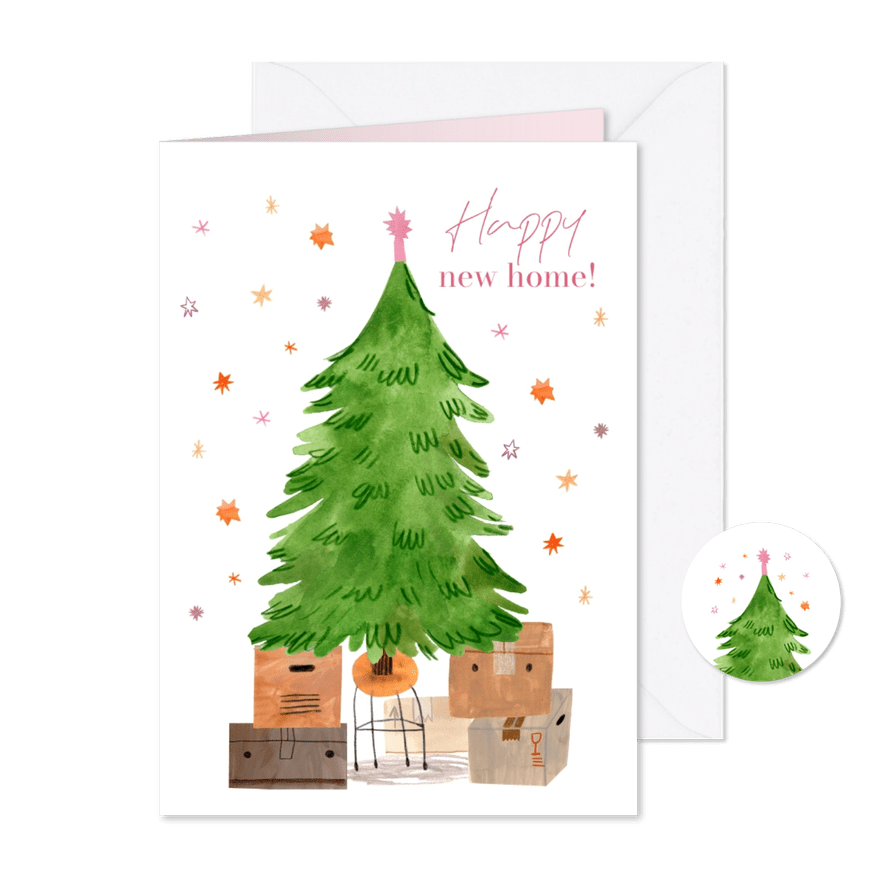 Kerst verhuiskaart kerstboom met verhuispakjes en sterren - Kaartimpressie