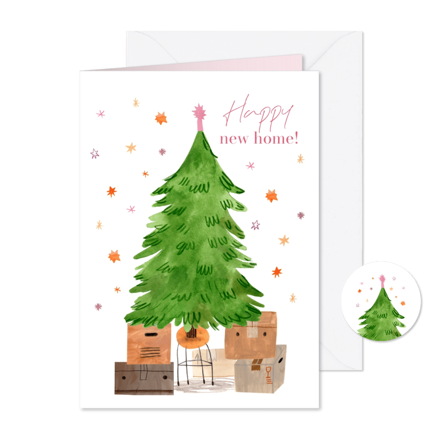 Kerst verhuiskaart kerstboom met verhuispakjes en sterren - Kaartimpressie