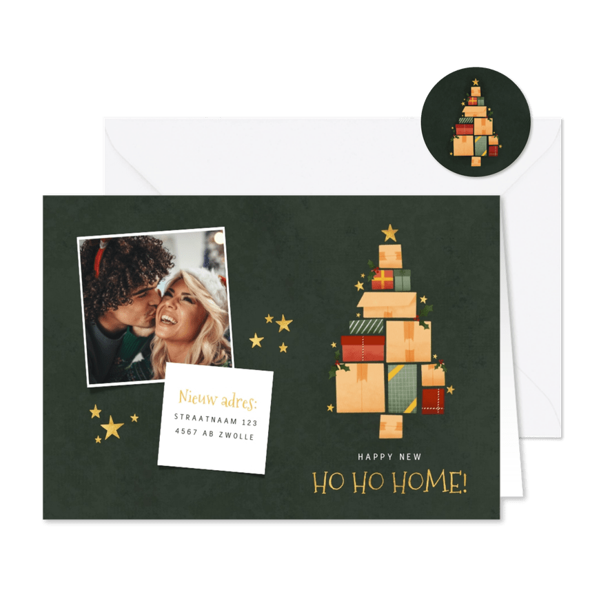 Kerst verhuiskaart kerstboom van dozen, cadeautjes en foto's - Kaartimpressie