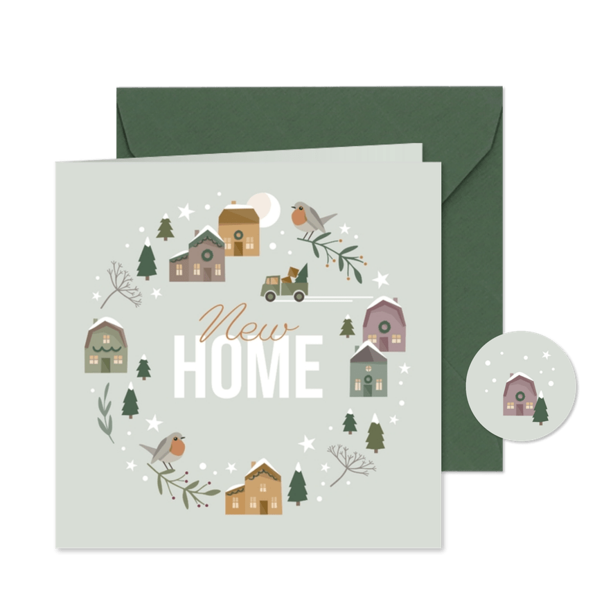 Kerst-verhuiskaart kerstdorpje met verhuiswagen - Kaartimpressie