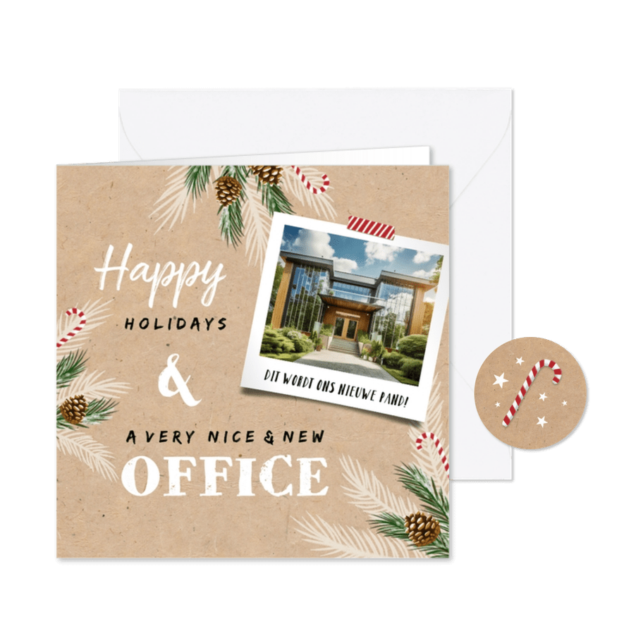 Kerst-verhuiskaart kraftlook met dennentakjes en foto - Kaartimpressie