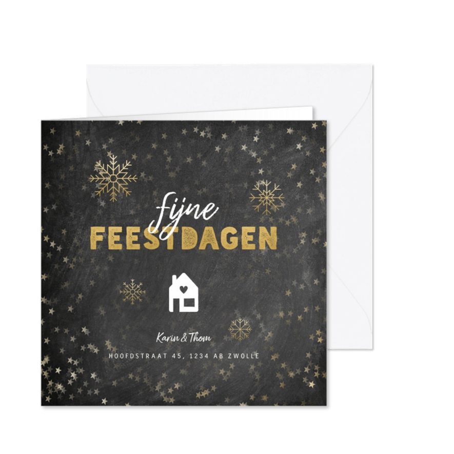 Kerst verhuiskaart krijtbord sterren sneeuwvlokken en huis - Kaartimpressie