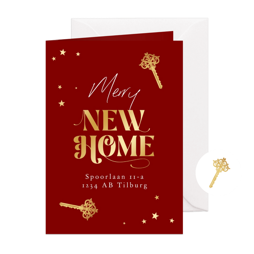 Kerst verhuiskaart merry new home sterren sleutel goud - Kaartimpressie