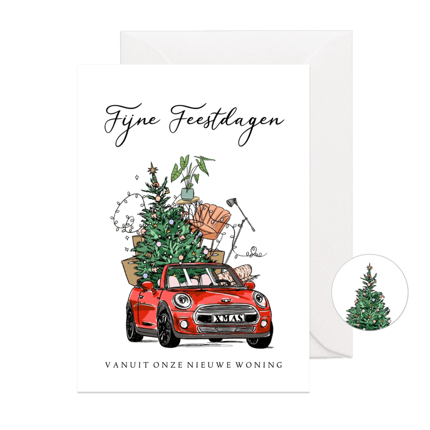 Kerst verhuiskaart met auto kerstboom en verhuisdozen - Kaartimpressie