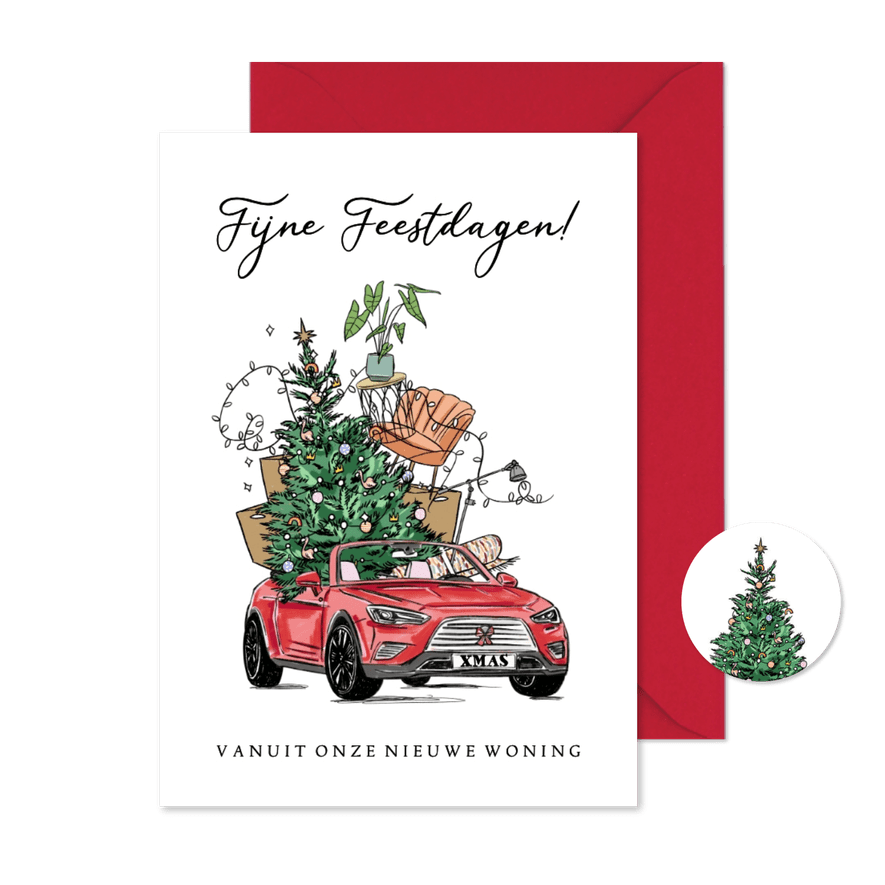 Kerst verhuiskaart met auto kerstboom en verhuisdozen - Kaartimpressie