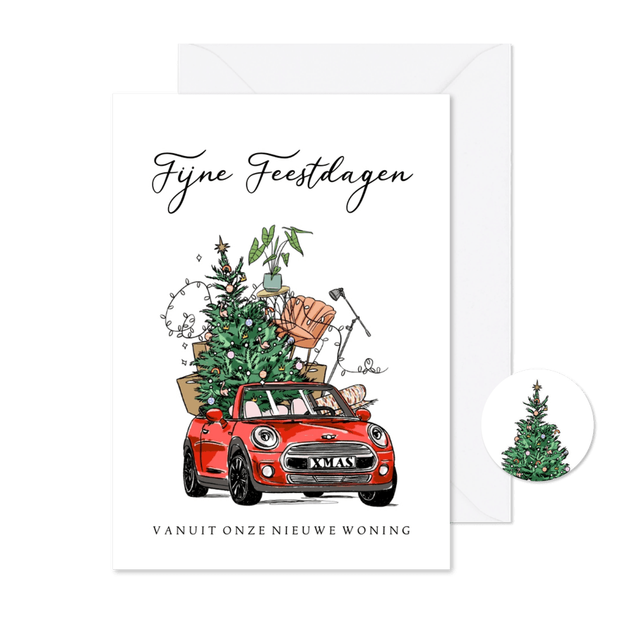 Kerst verhuiskaart met auto kerstboom en verhuisdozen - Kaartimpressie