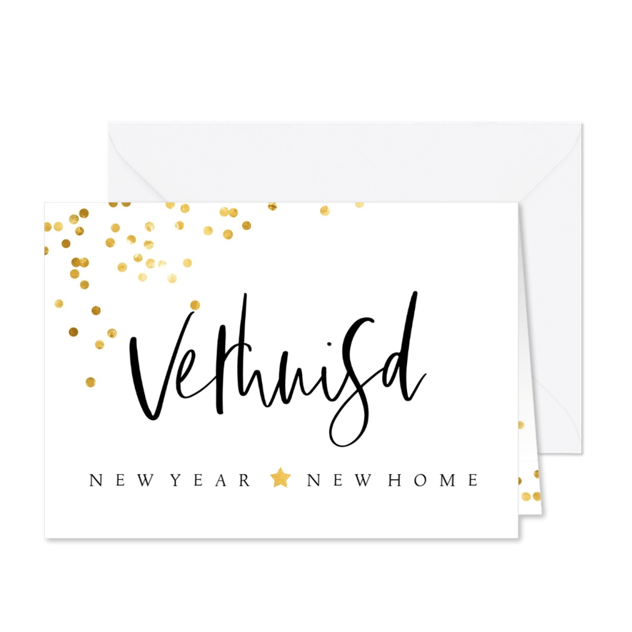 Kerst verhuiskaart met confetti en handgeschreven teksten - Kaartimpressie