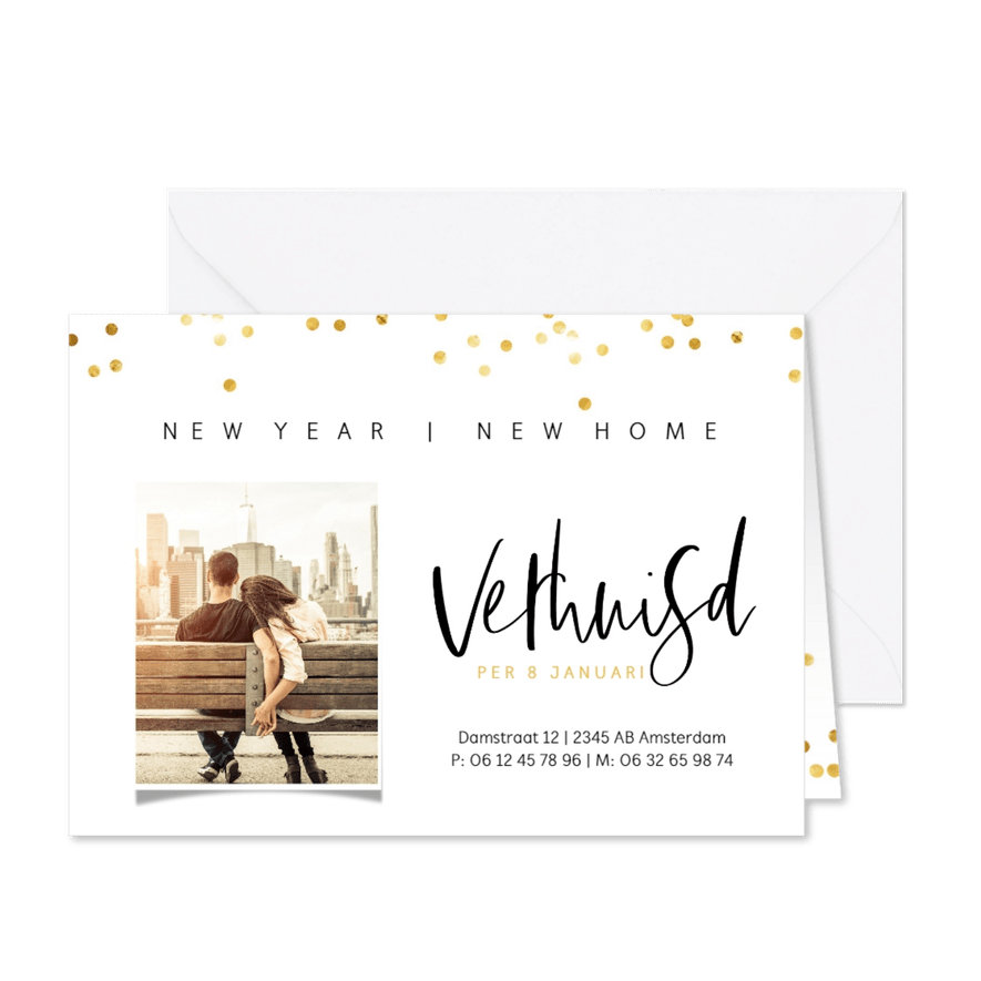 Kerst verhuiskaart met foto en gouden stippen - Kaartimpressie