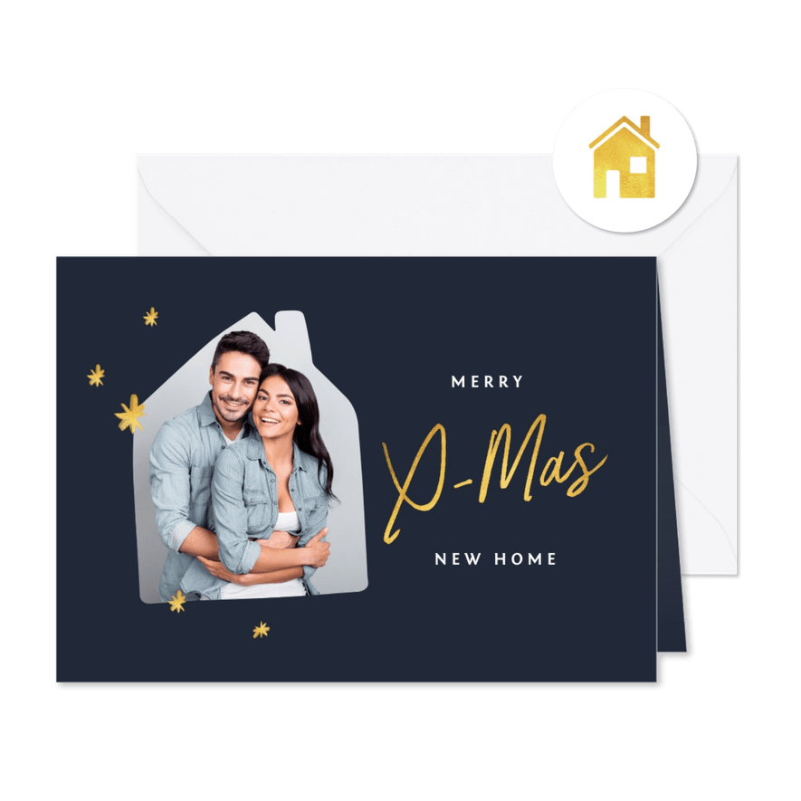 Kerst verhuiskaart met foto huis en goudlook kerstboom - Kaartimpressie