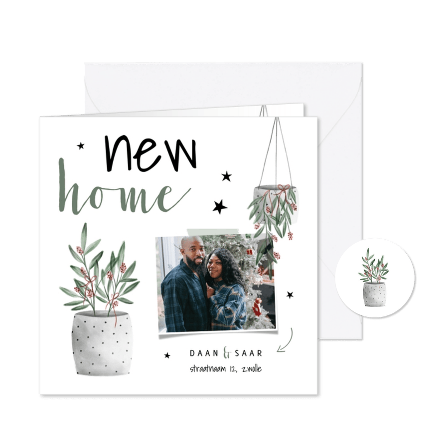 Kerst verhuiskaart met foto, planten en sterren - Kaartimpressie