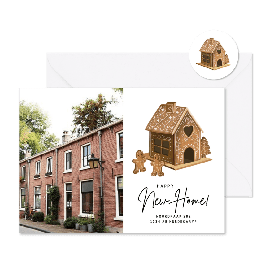 Kerst verhuiskaart met gingerbread huisje en eigen foto - Kaartimpressie