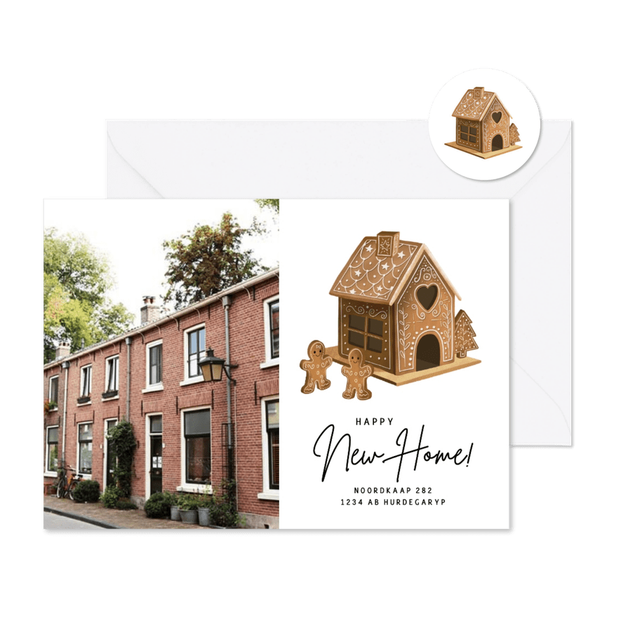 Kerst verhuiskaart met gingerbread huisje en eigen foto - Kaartimpressie