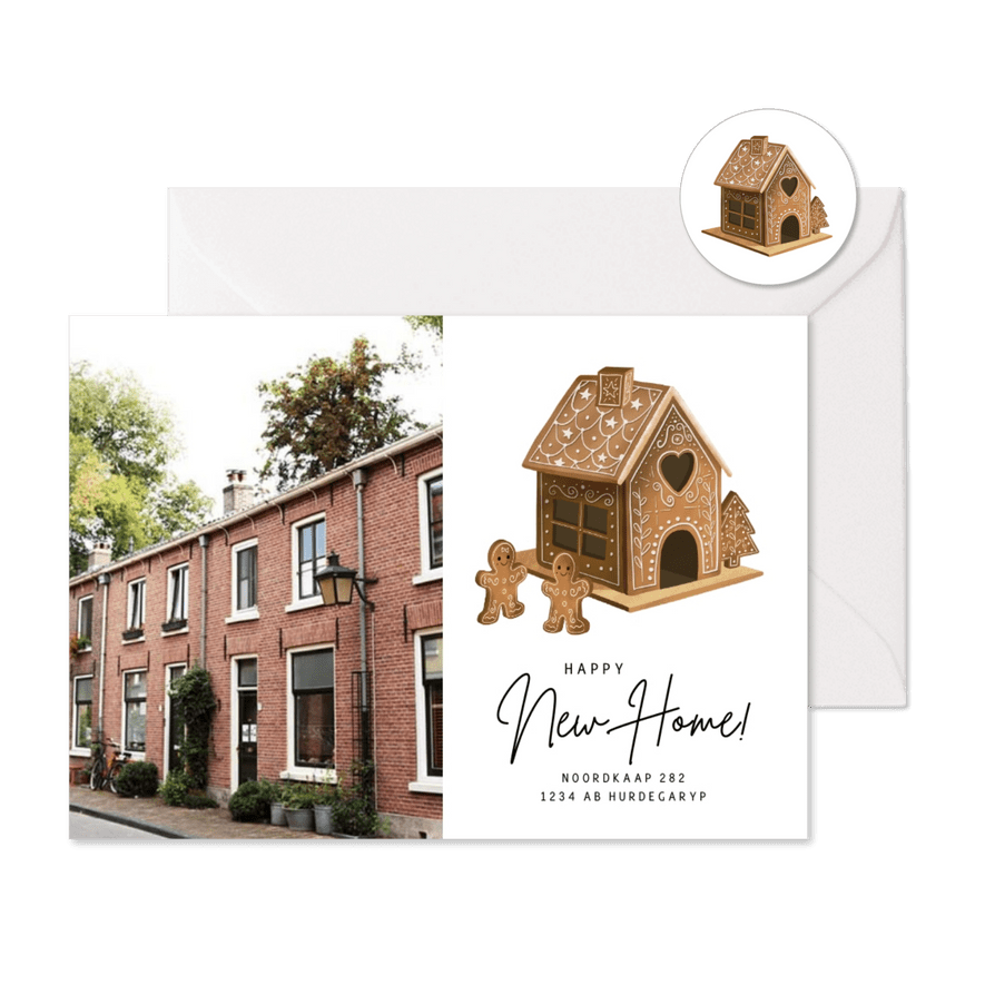 Kerst verhuiskaart met gingerbread huisje en eigen foto - Kaartimpressie