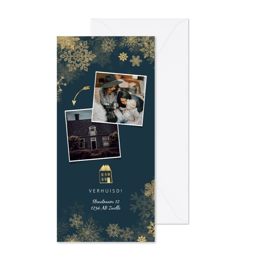 Kerst-verhuiskaart met gouden accenten en foto's - Kaartimpressie