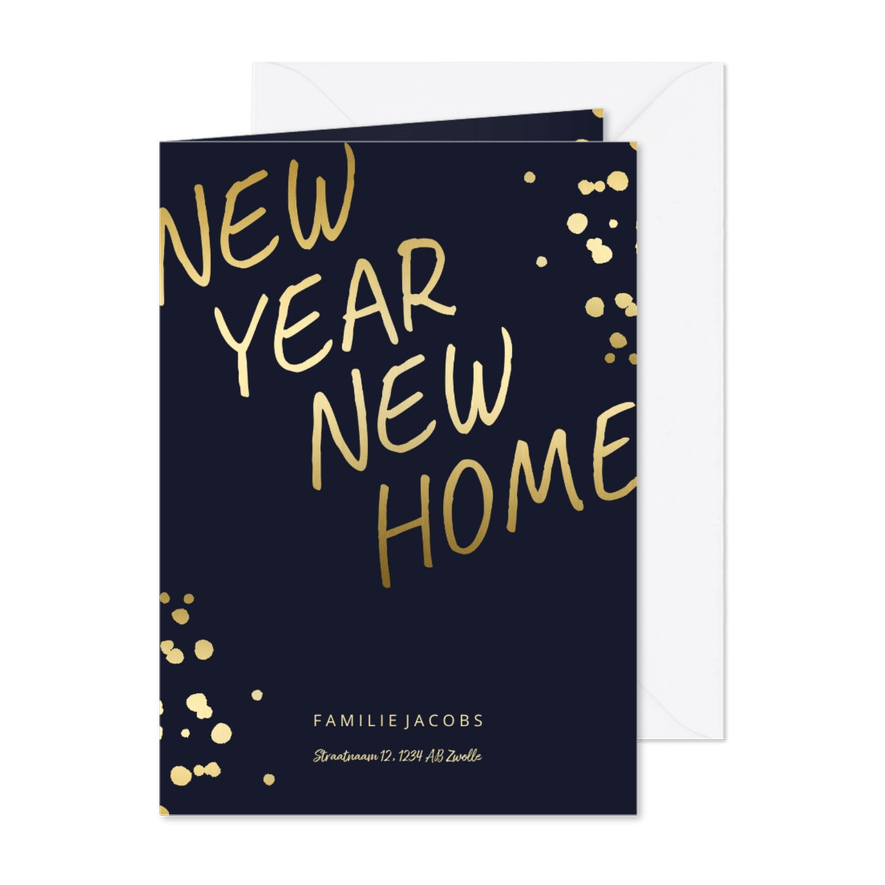 Kerst-verhuiskaart met gouden spetters en typografie - Kaartimpressie