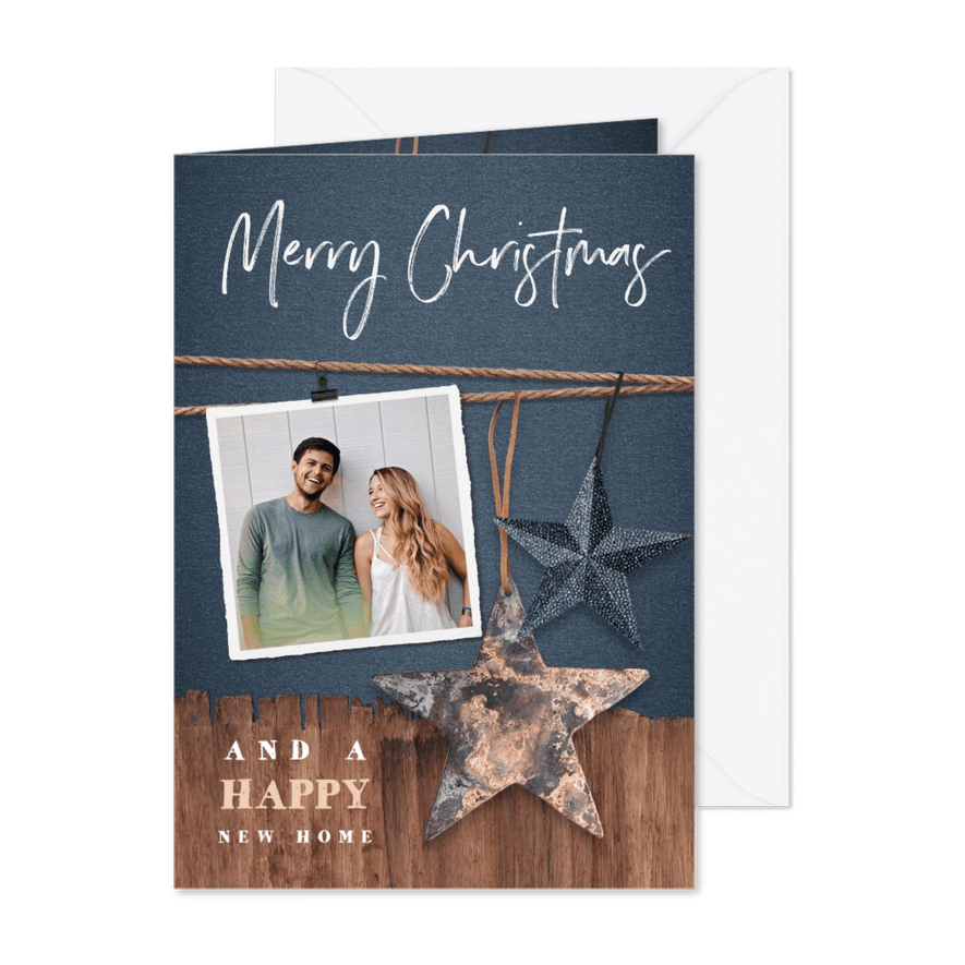 Kerst verhuiskaart met hout, sterren en foto's - Kaartimpressie