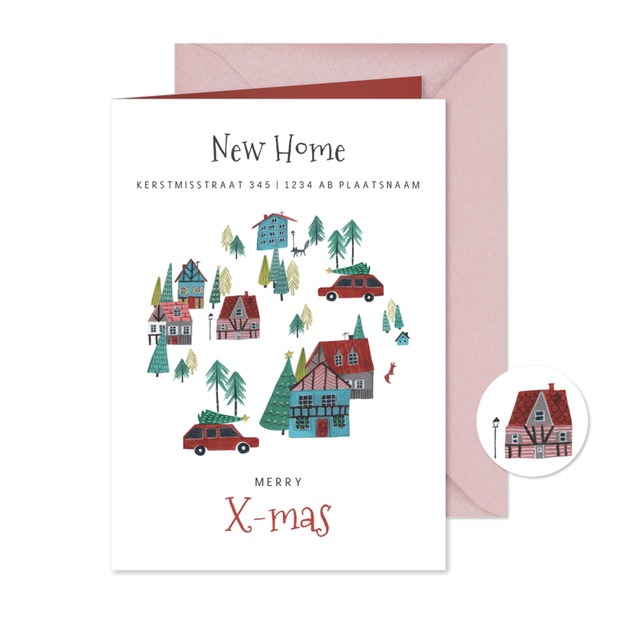 Kerst verhuiskaart met huisjes en auto in winterlandschap - Kaartimpressie