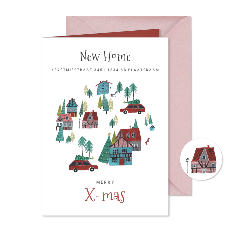 Kerst verhuiskaart met huisjes en auto in winterlandschap - Kaartimpressie