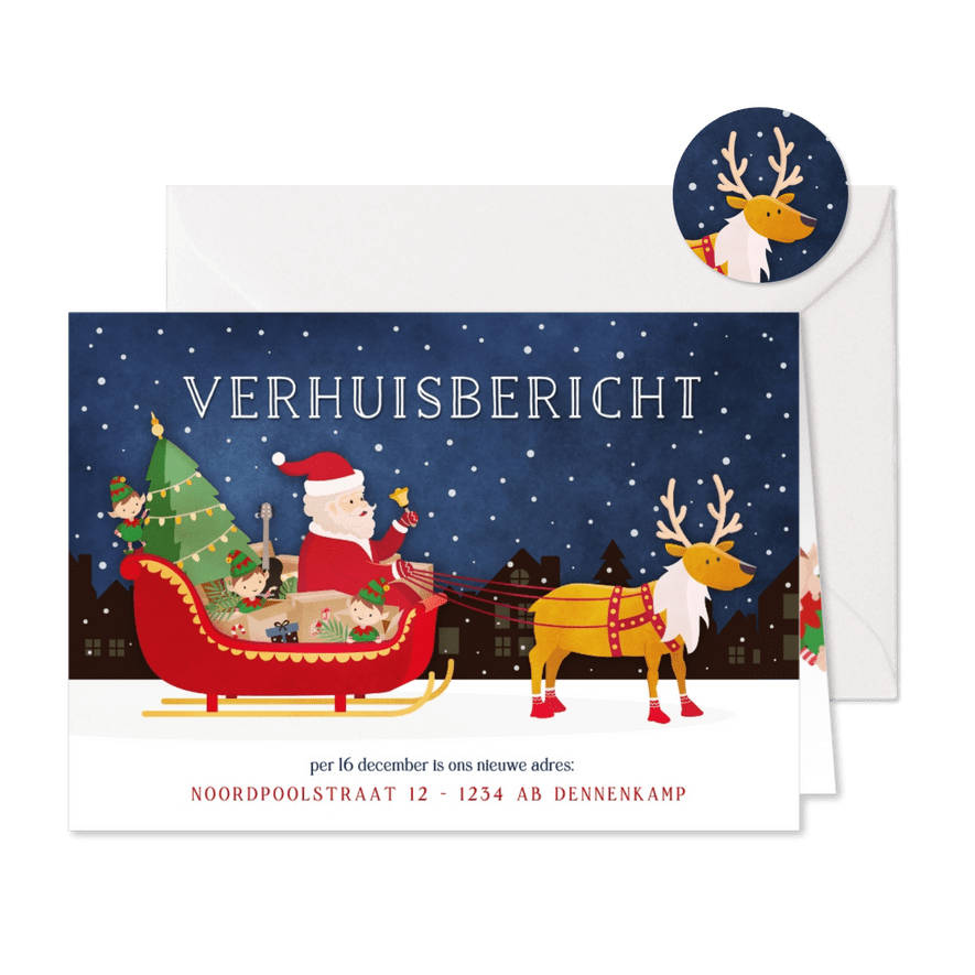 Kerst verhuiskaart met kerstman en inboedel in arrenslee  - Kaartimpressie