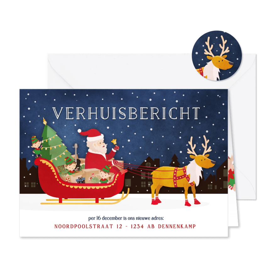 Kerst verhuiskaart met kerstman en inboedel in arrenslee  - Kaartimpressie