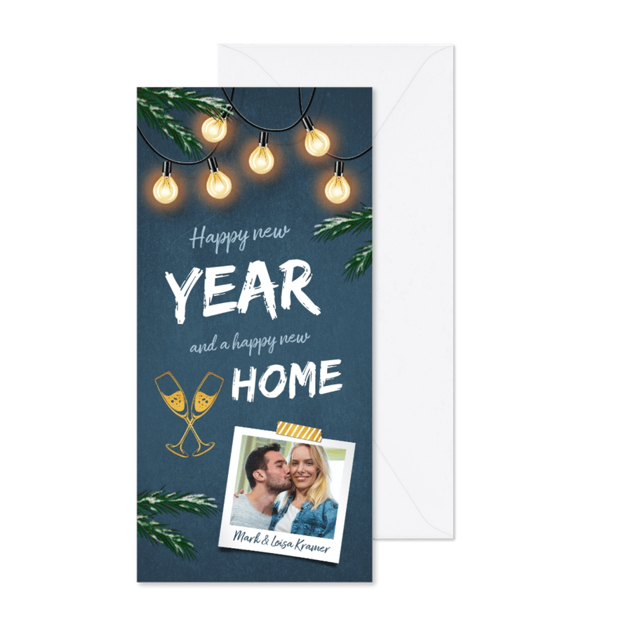 Kerst verhuiskaart met lampjes, dennentakjes en foto - Kaartimpressie