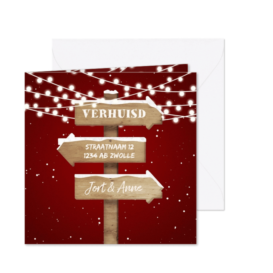 Kerst-verhuiskaart met lampjes, sneeuw en wegwijzerbord - Kaartimpressie