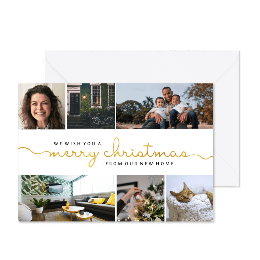 Kerst-verhuiskaart met sierlijke letters en foto's - Kaartimpressie