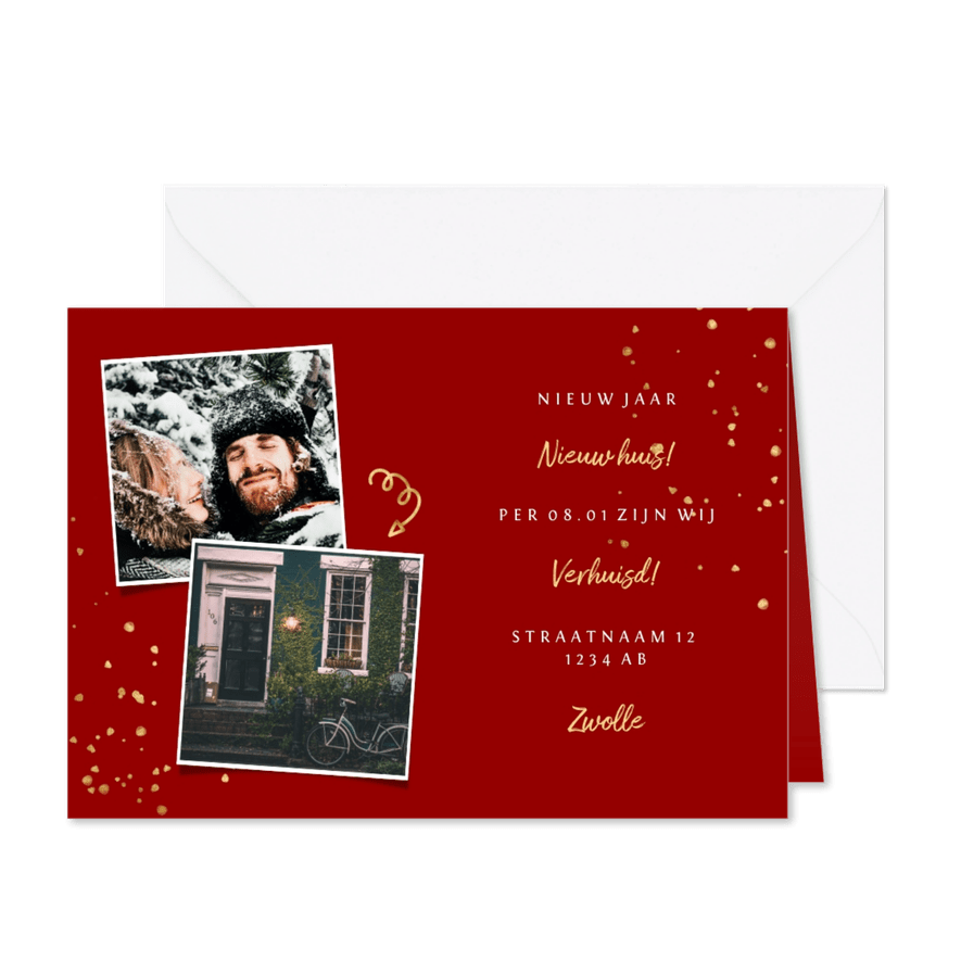 Kerst-verhuiskaart met spetters en foto's - Kaartimpressie