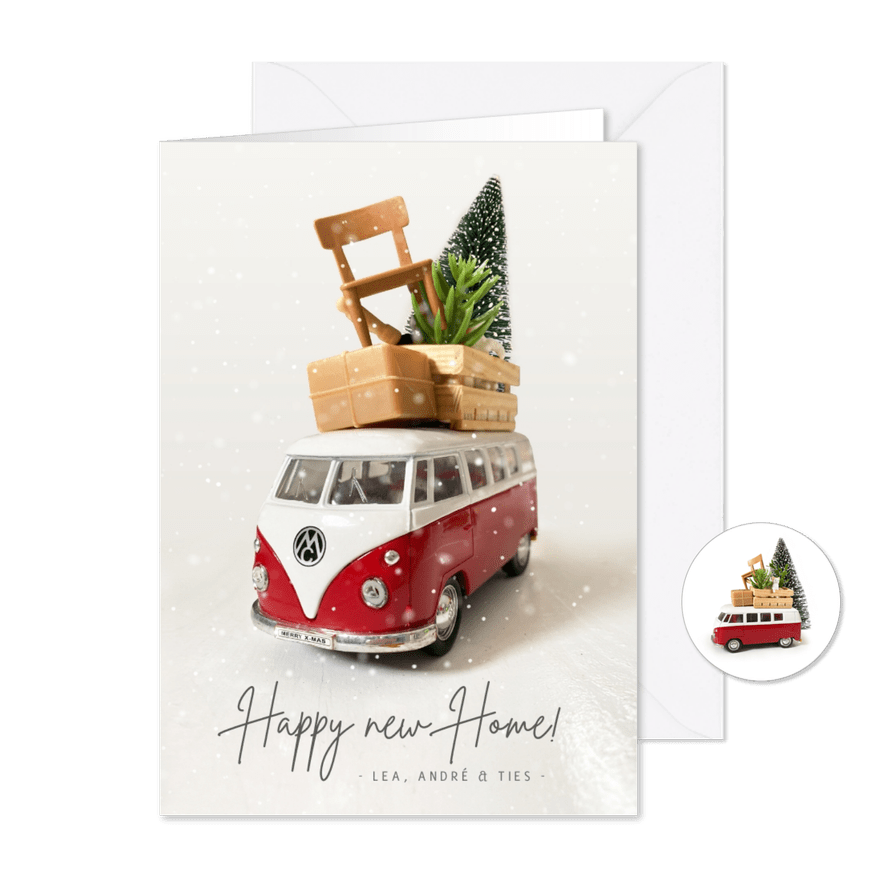 Kerst verhuiskaart met Volkswagen busje en spullen op dak - Kaartimpressie