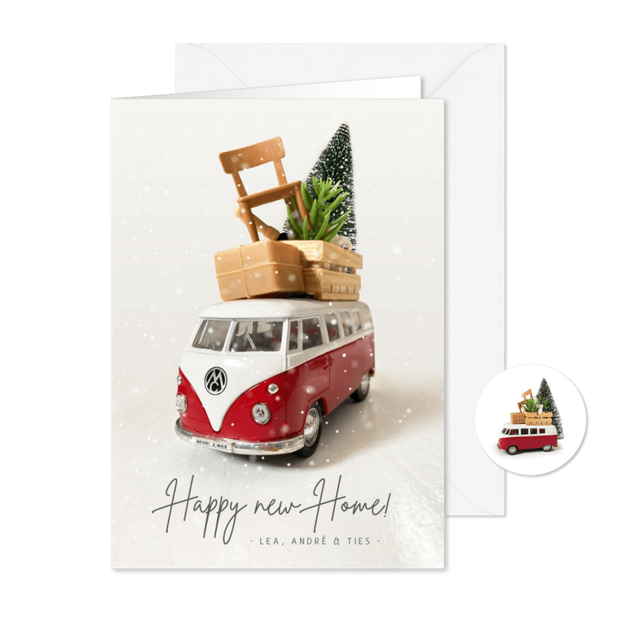 Kerst verhuiskaart met Volkswagen busje en spullen op dak - Kaartimpressie