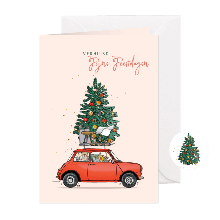 Kerst verhuiskaart mini rood met kerstboom - Kaartimpressie