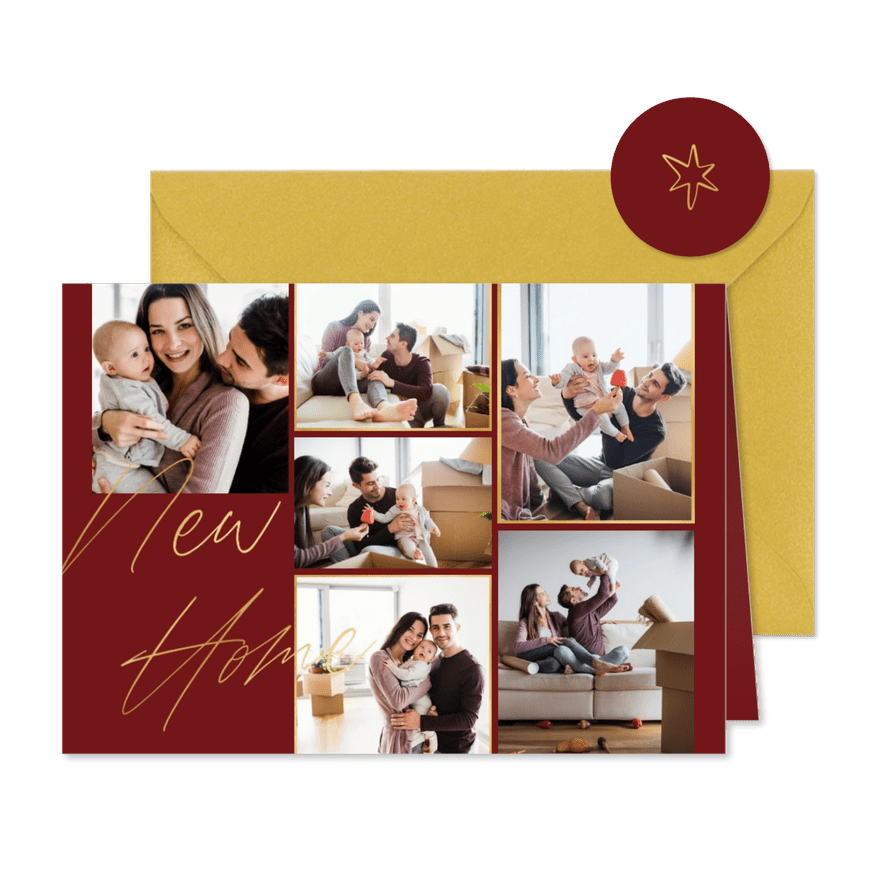 Kerst-verhuiskaart 'New Home' goud fotocollage 6 foto's - Kaartimpressie