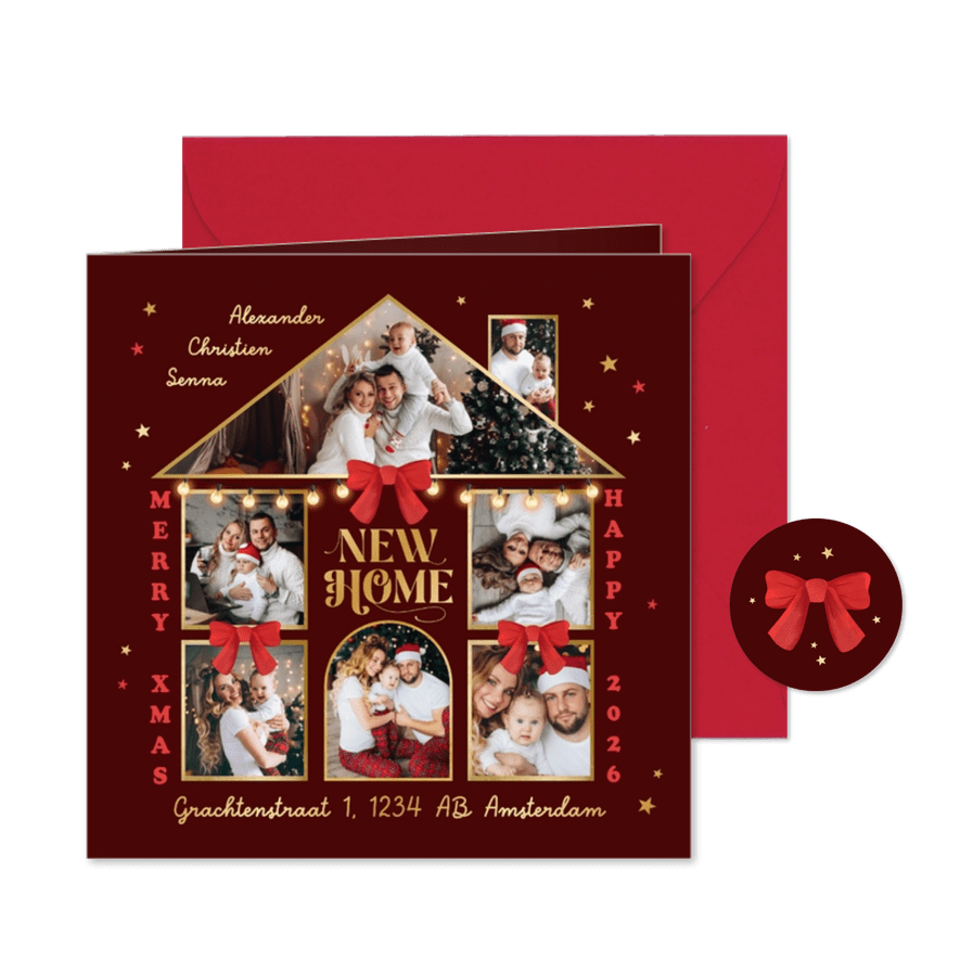 Kerst verhuiskaart nieuw huis fotocollage sterren goud - Kaartimpressie