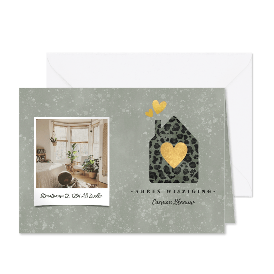 Kerst verhuiskaart panterprint huisje, foto en spetters - Kaartimpressie