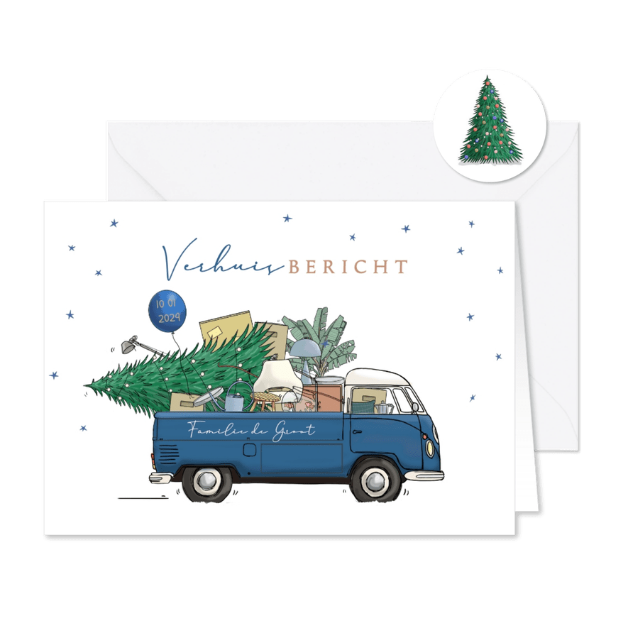 Kerst verhuiskaart pickup blauw met verhuisspullen - Kaartimpressie