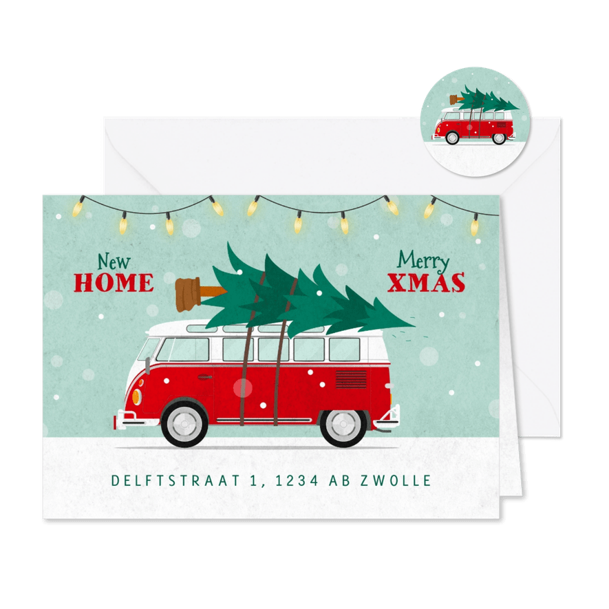Kerst verhuiskaart retro busje kerstboom sneeuw verhuisd - Kaartimpressie