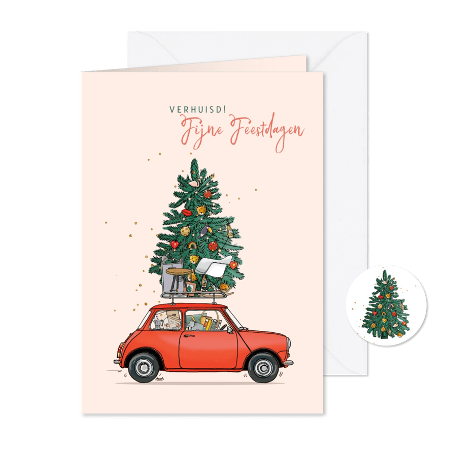 Kerst verhuiskaart rood met kerstboom - Kaartimpressie