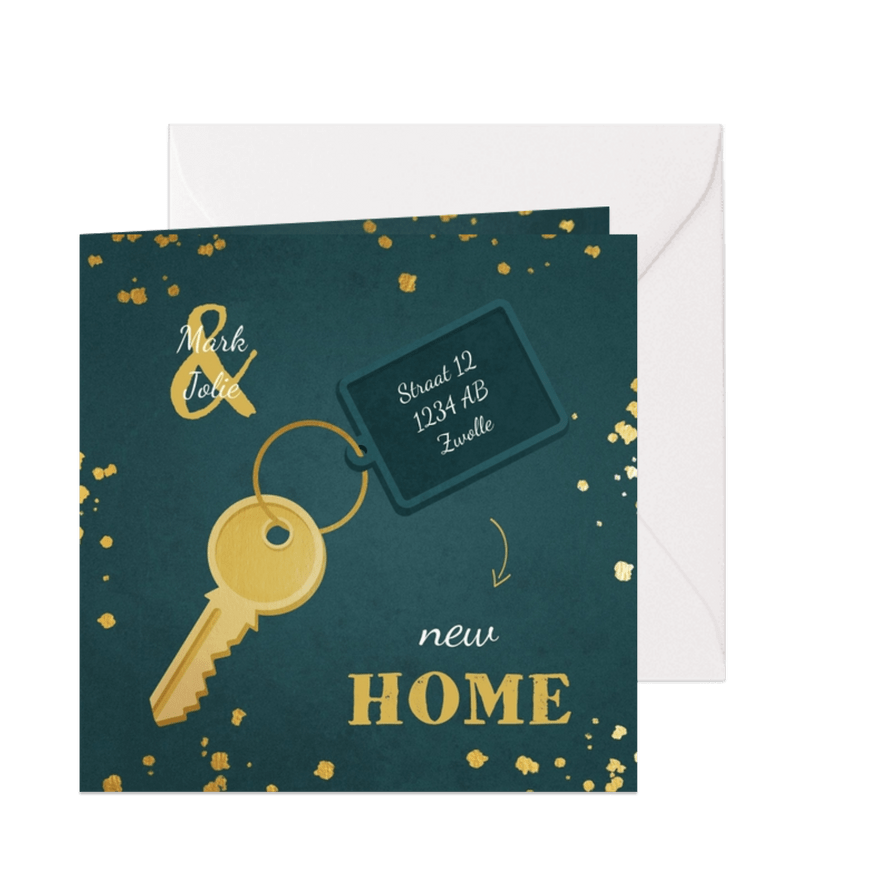 Kerst-verhuiskaart sleutel met label new home - Kaartimpressie