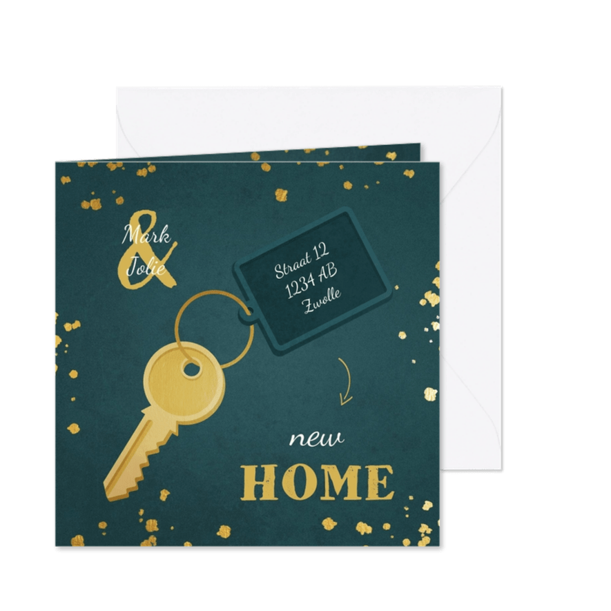 Kerst-verhuiskaart sleutel met label new home - Kaartimpressie