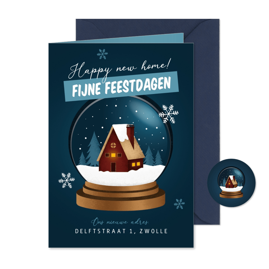 Kerst verhuiskaart sneeuwbol huis fijne feestdagen huisje - Kaartimpressie