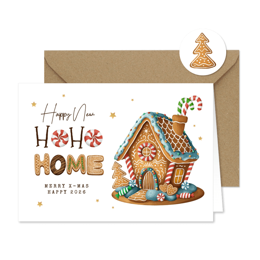 Kerst verhuiskaart snoep gingerbread huisje koekjes ho ho ho - Kaartimpressie