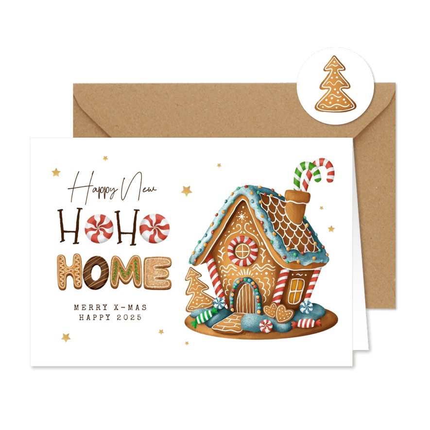 Kerst verhuiskaart snoep gingerbread huisje koekjes ho ho ho - Kaartimpressie