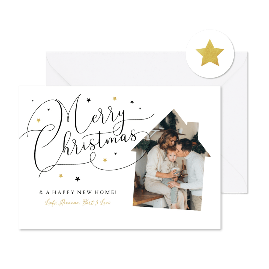 Kerst verhuiskaart stijlvol sierlijk sterren goud huis - Kaartimpressie